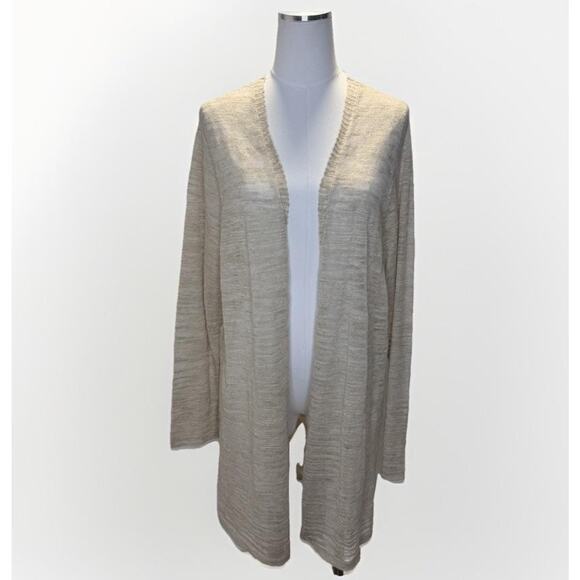 Eileen Fisher Cardigan Sweater Womens 1X Beige Linen Blend Open Front - Picture 1 of 8